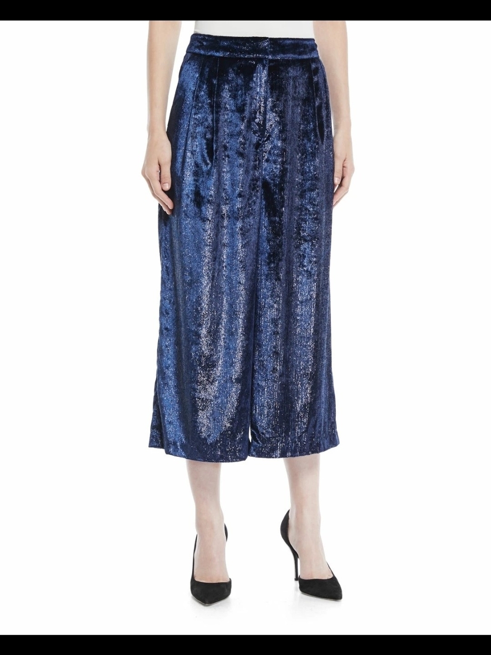 Tibi Stella Metallic Velvet Wide Leg Crop Pants in a rich metallic blue - Picture 2 of 6